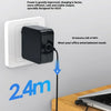 A black fast charger adapter is shown plugged into a wall outlet, with a blue lightning bolt indicating power transfer.