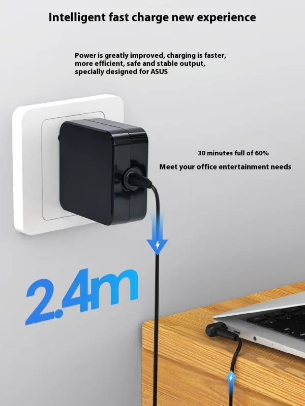A black fast charger adapter is shown plugged into a wall outlet, with a blue lightning bolt indicating power transfer.