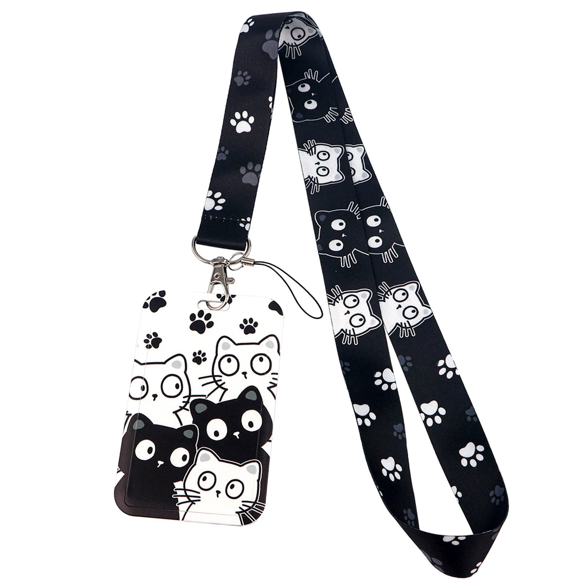 Black and white cartoon cat print card holder lanyard with a neck strap