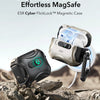 A black magnetic case for AirPods is shown resting on rocky terrain, demonstrating its drop-proof design.