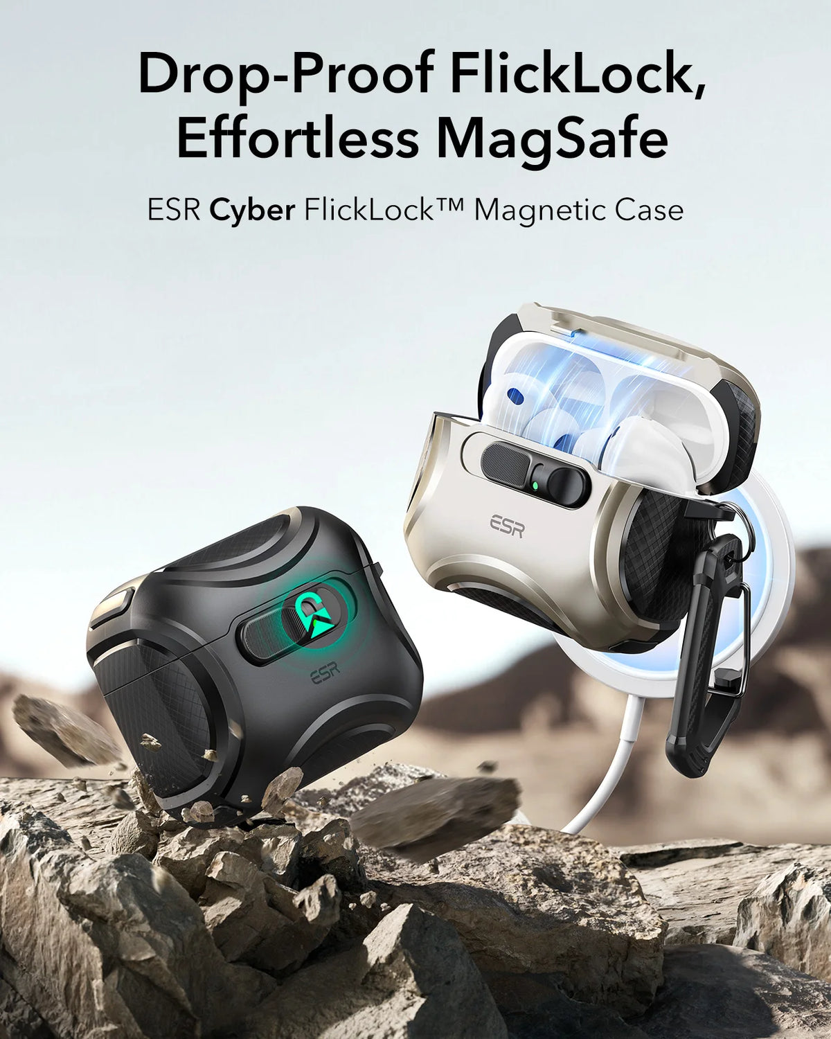 A black magnetic case for AirPods is shown resting on rocky terrain, demonstrating its drop-proof design.