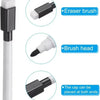 A white dry erase marker with a black cap and an eraser brush head shown in various views.