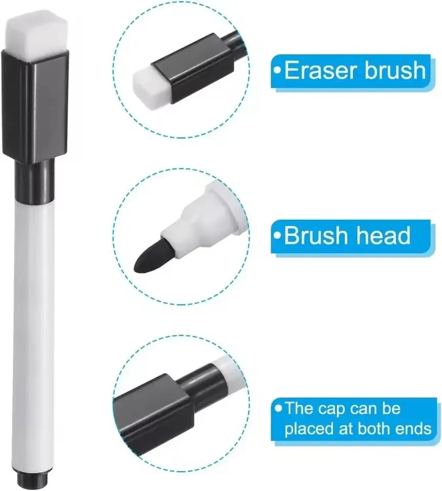 A white dry erase marker with a black cap and an eraser brush head shown in various views.