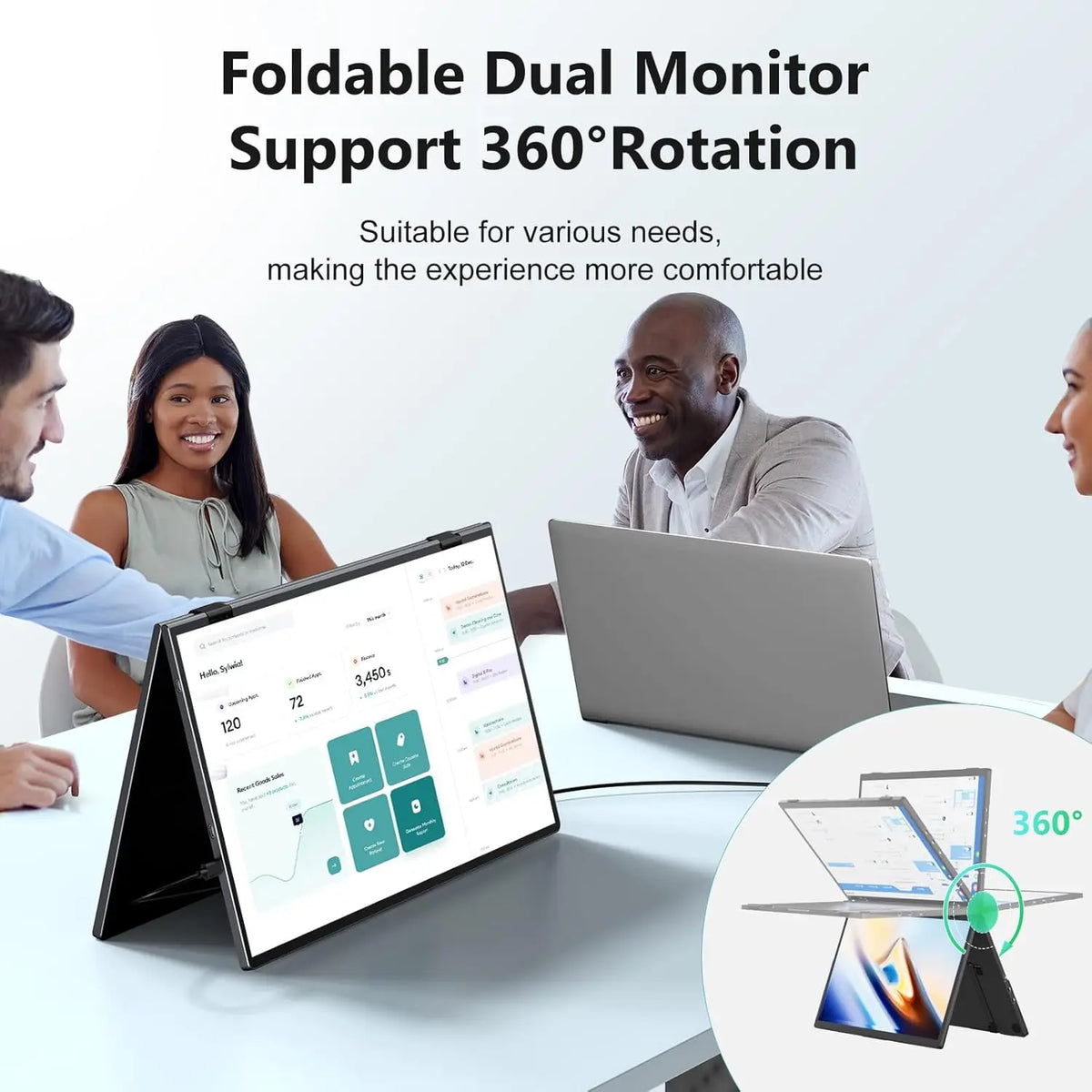 A foldable dual monitor is shown on a desk, demonstrating 360-degree rotation for portable use.