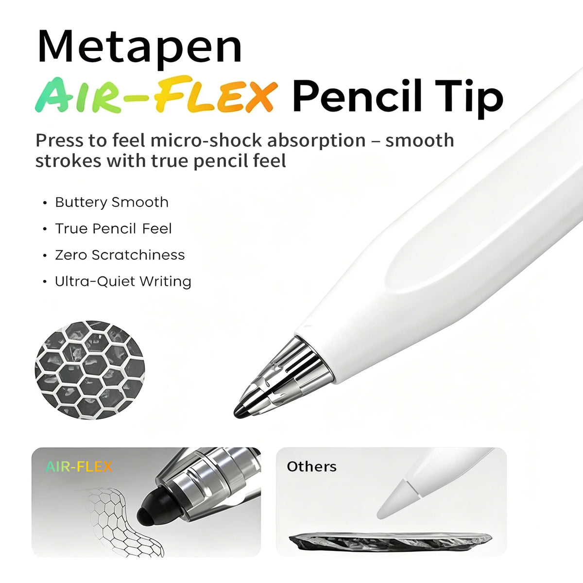 Close-up view of a white Metapen AIR-FLEX pencil tip pen for smooth writing strokes.