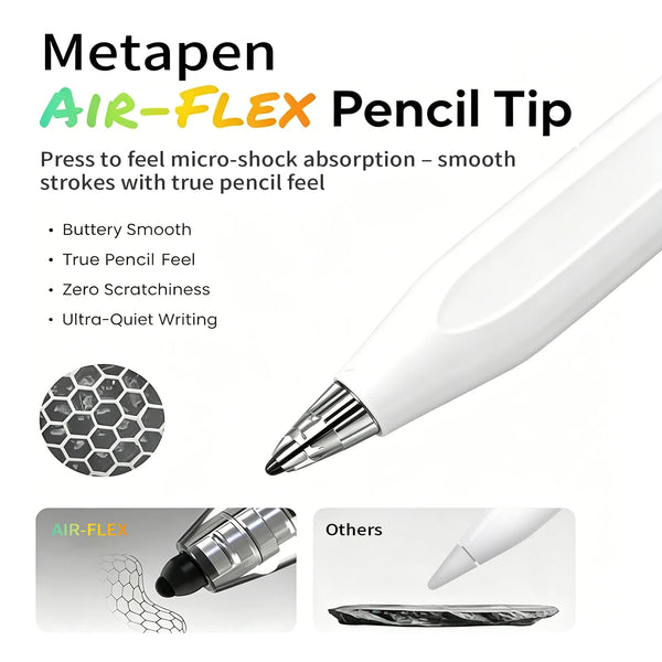 Close-up view of a white Metapen AIR-FLEX pencil tip pen for smooth writing strokes.
