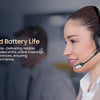 A woman wearing a black Bluetooth headset is shown in a professional office setting.