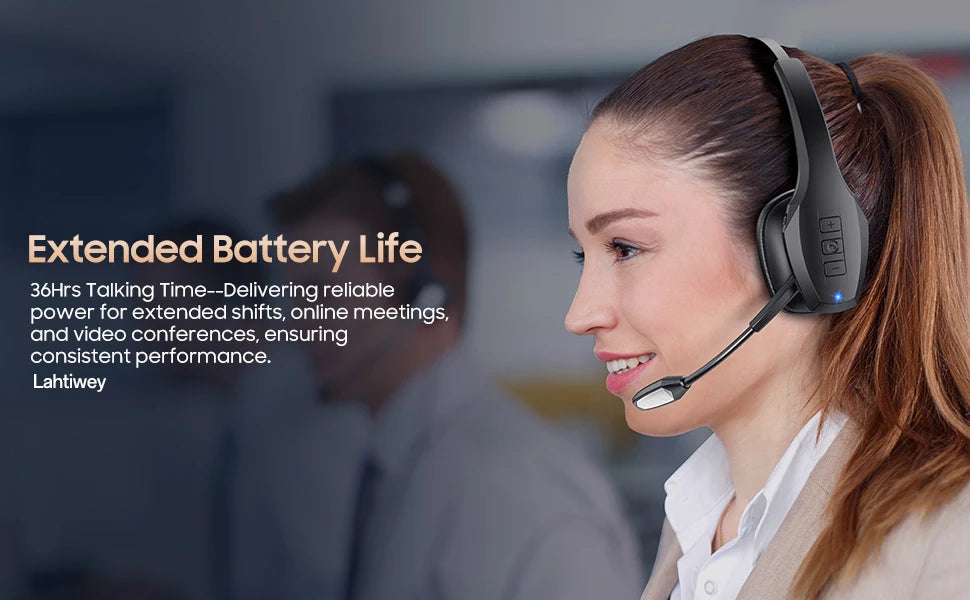 A woman wearing a black Bluetooth headset is shown in a professional office setting.