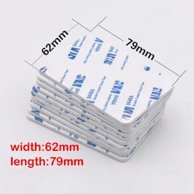 A stack of white double-sided foam mounting tape sheets with dimensions 62mm by 79mm.