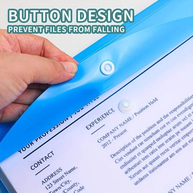 A hand presses a blue button design on an A4 expanding file to prevent files from falling out.