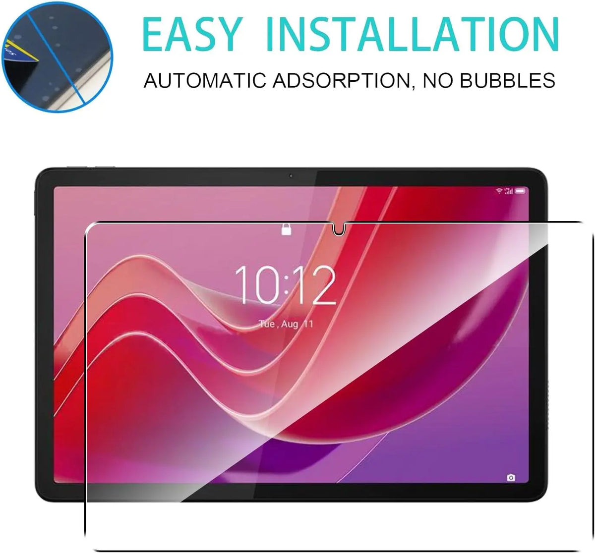 A tempered glass screen protector is shown being applied to a tablet screen, emphasizing easy installation and automatic adso