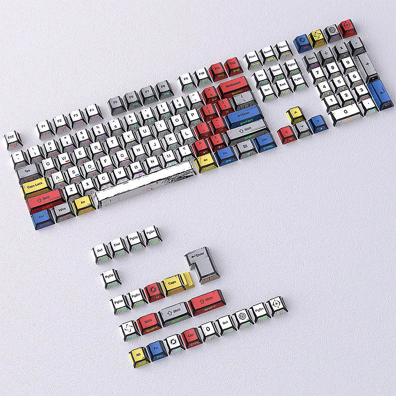 A full set of translucent PBT keycaps with side-printed legends in a cherry profile layout.