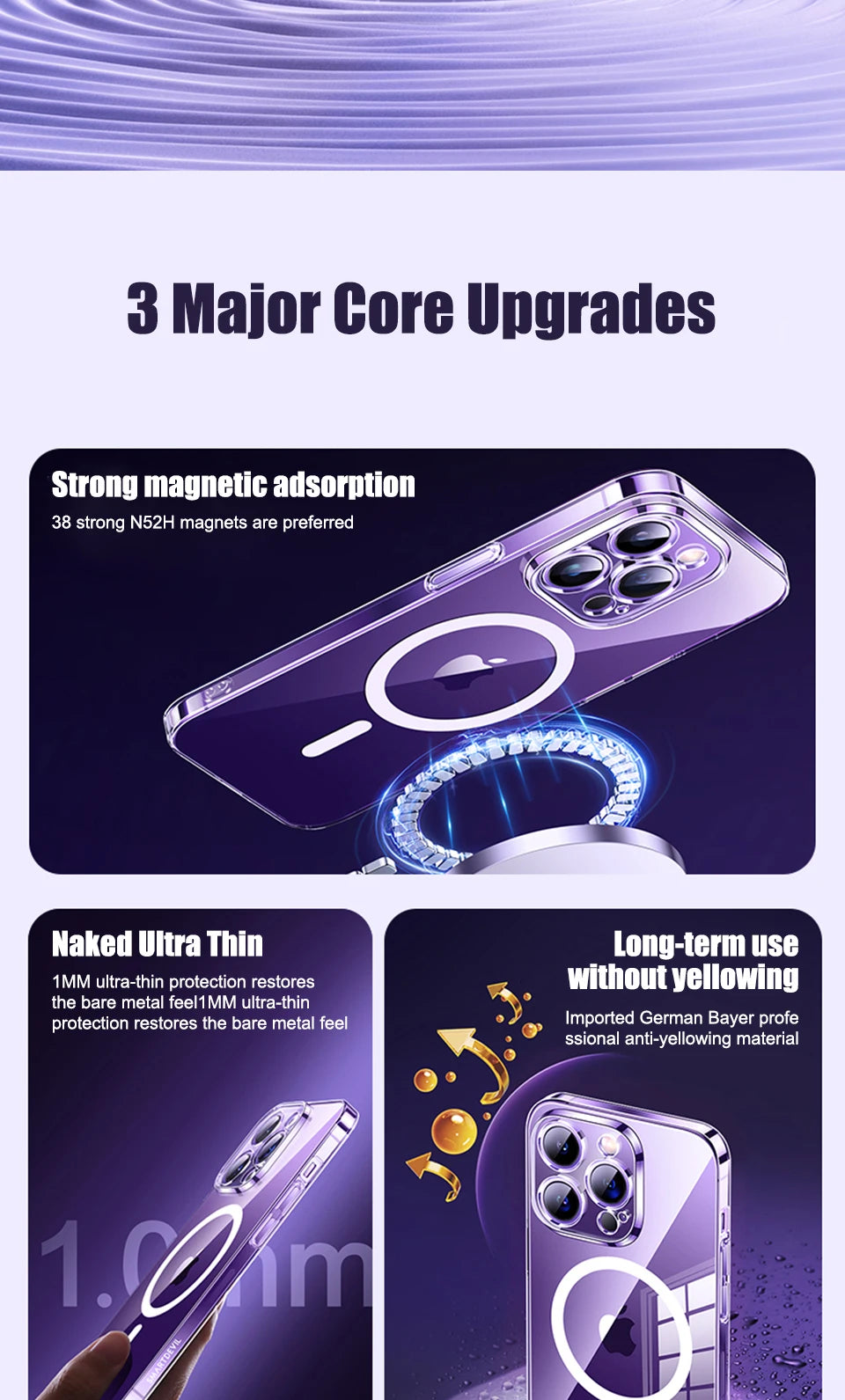 A purple magnetic phone case demonstrating strong magnetic adsorption and ultra-thin protection features.