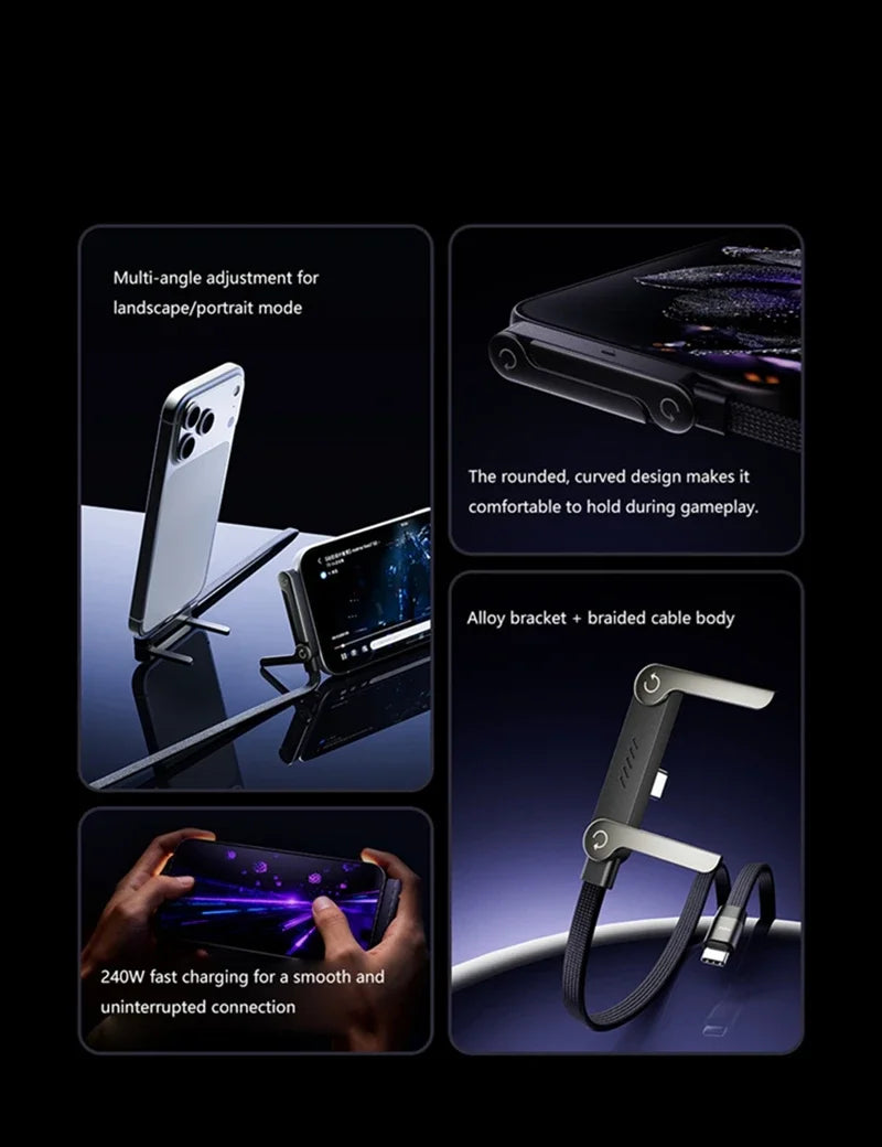 A set of foldable Type-C charging cable and phone holder with multi-angle adjustment and alloy bracket.