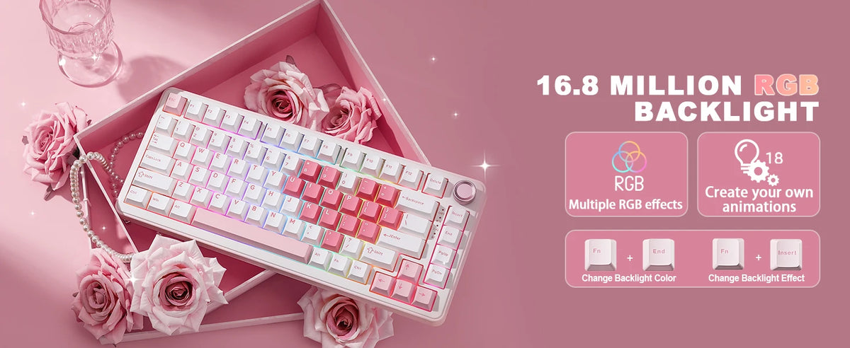 A pink mechanical gaming keyboard with RGB backlight and roses is displayed on a pink background.