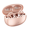 A pink open ear clip Bluetooth earbud charging case with three earbuds visible inside.