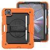 An orange heavy duty rugged iPad case with a rotating kickstand and shoulder strap shown next to the tablet.