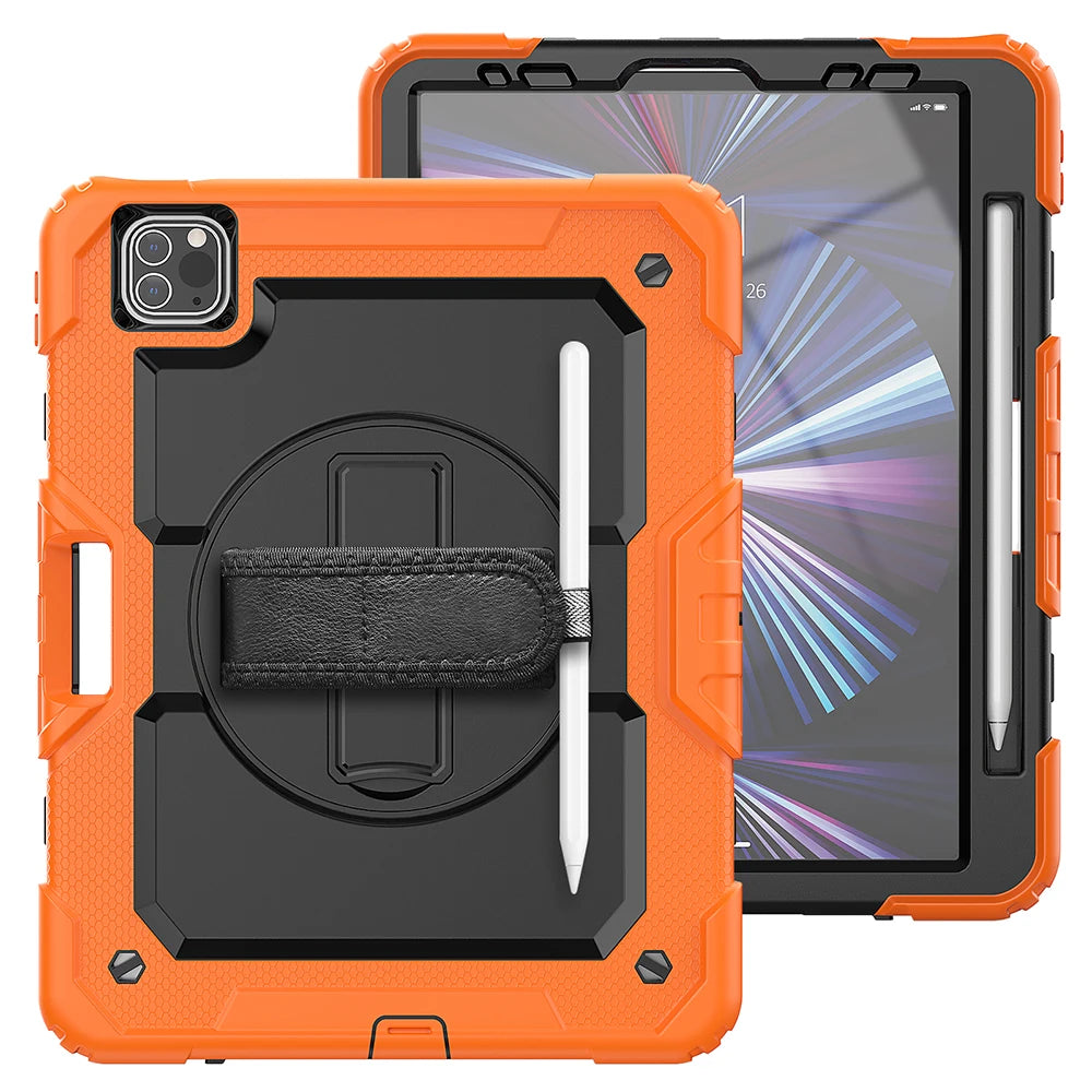An orange heavy duty rugged iPad case with a rotating kickstand and shoulder strap shown next to the tablet.