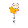 A yellow plush toy with a pink circle tag that reads please don't fall for me