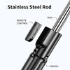 A close-up view of a stainless steel rod with a remote control and tripod attachment for a selfie stick.