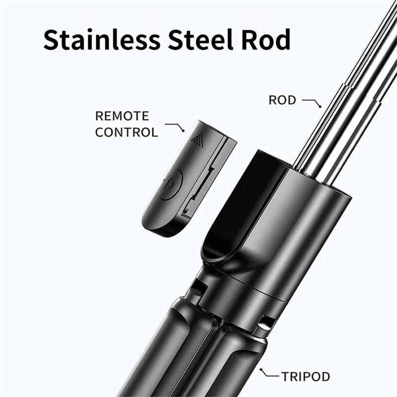 A close-up view of a stainless steel rod with a remote control and tripod attachment for a selfie stick.