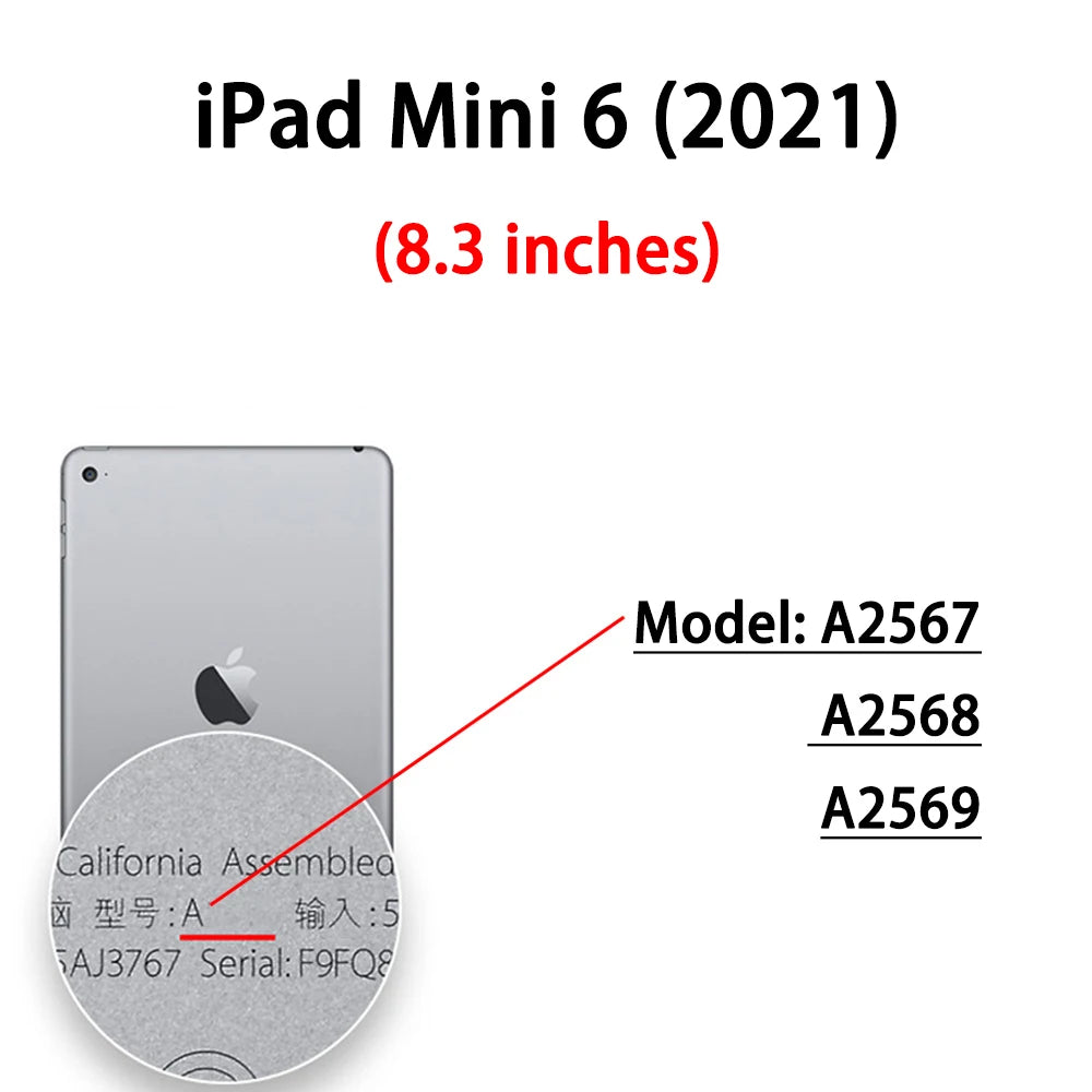 A close-up view of an iPad Mini 6 (2021) showing the model numbers A2567, A2568, and A2569.