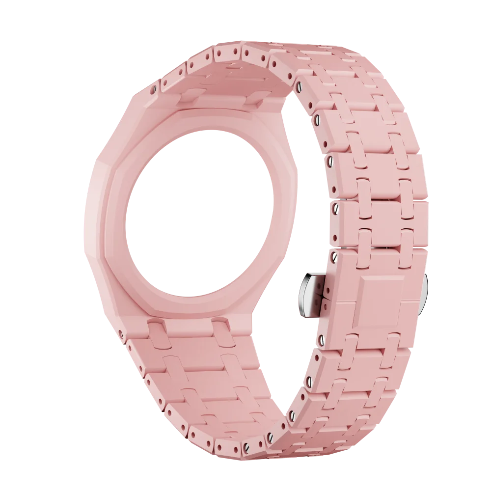 A pink ceramic watch case and strap set for the Swatch X AP Royal POP watch.