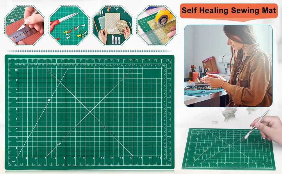A set of tools and a green cutting mat showing the process for a double-sided self-healing sewing mat.