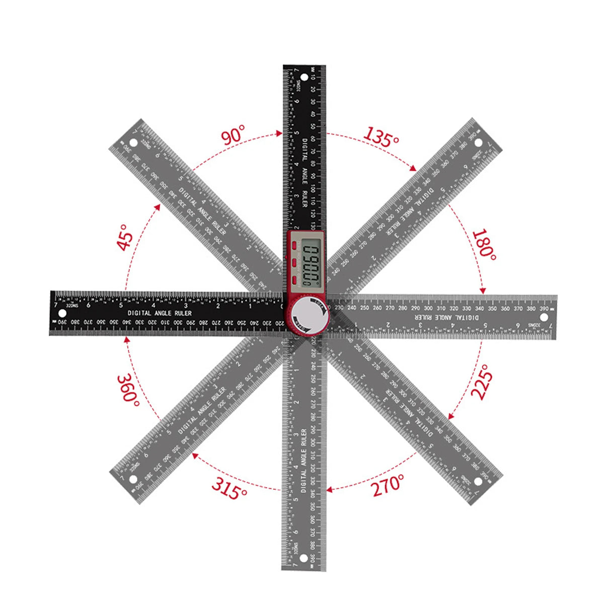 A digital angle finder ruler showing various angles like 90, 135, 180, and 270 degrees.