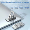 A portable zinc alloy laptop stand riser shown with various sized laptop compatibility options.
