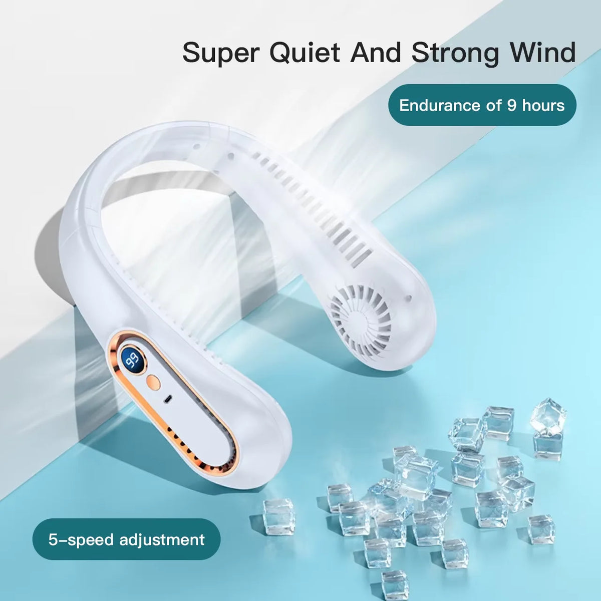 A white bladeless portable neck fan is shown with ice cubes, demonstrating its endurance and 5-speed adjustment.
