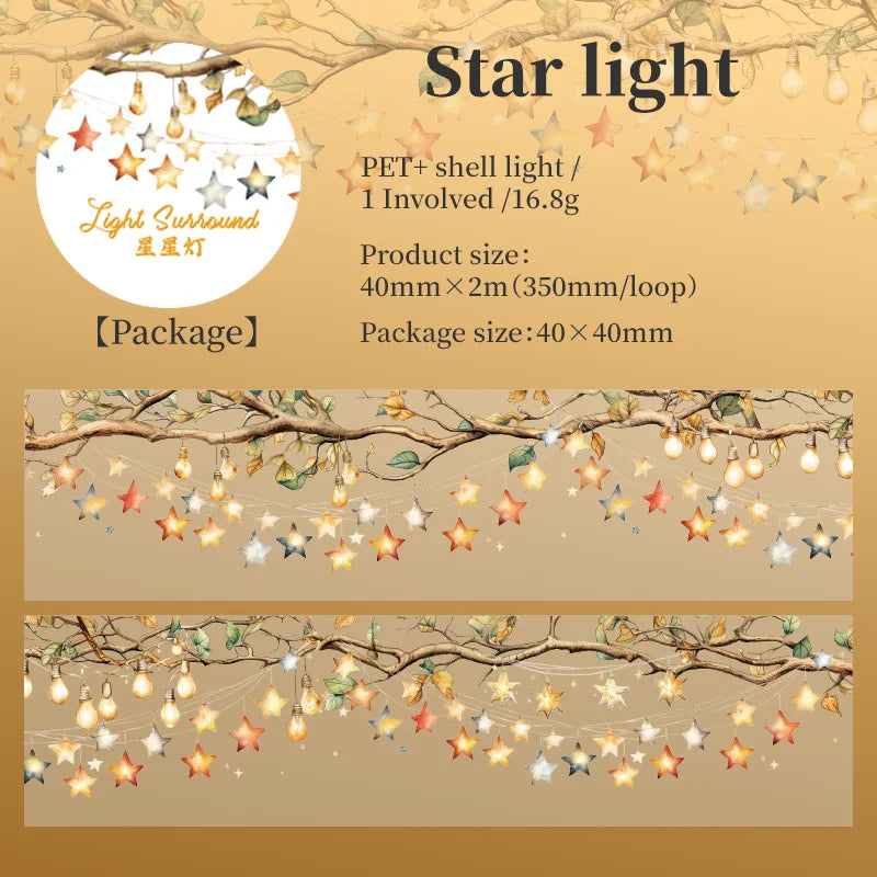A package of Star light decorative PET shell tape with various star shapes and gold accents for crafting