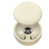 A beige charging case for invisible wireless earbuds, showing a lid and two earbuds inside.