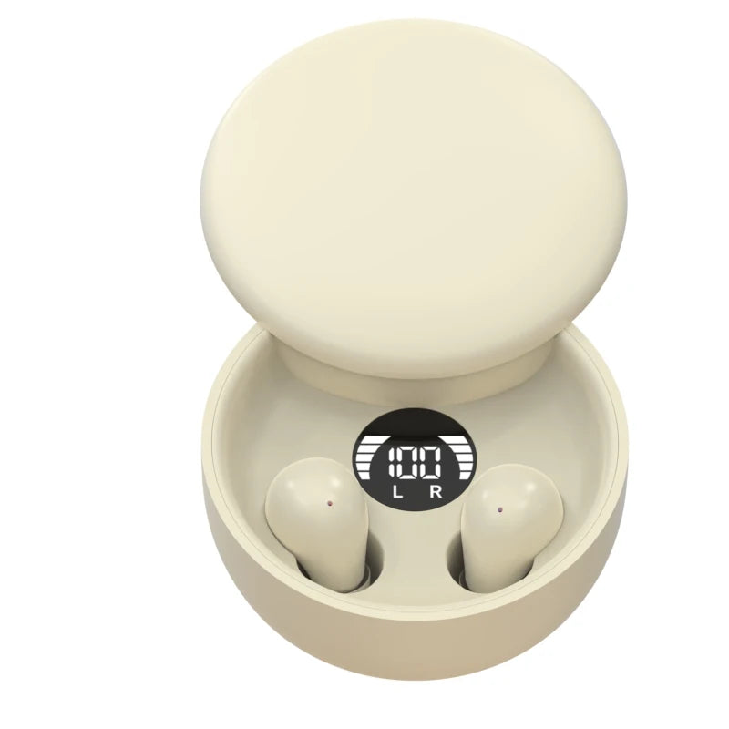 A beige charging case for invisible wireless earbuds, showing a lid and two earbuds inside.