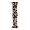 A brown leopard print nylon Apple Watch band with a rose gold buckle.