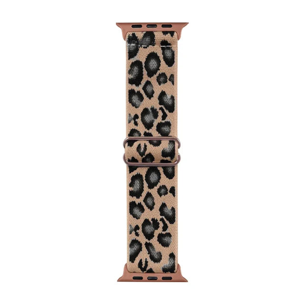 Braune Leopardenmuster-Nylon Apple Watch-Armband mit Roségold-Schnalle.