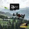A drone is shown flying over a mountainous landscape with text indicating a 64GB memory card for drones.