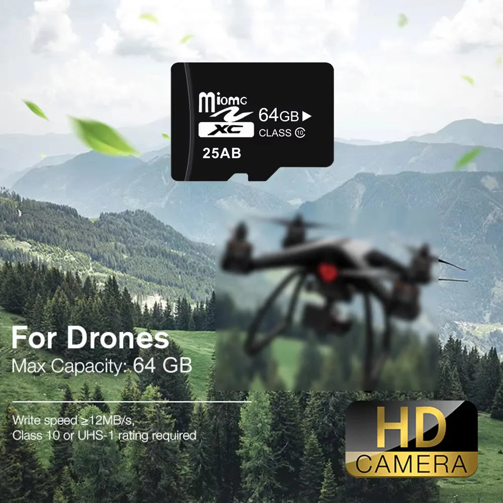 A drone is shown flying over a mountainous landscape with text indicating a 64GB memory card for drones.