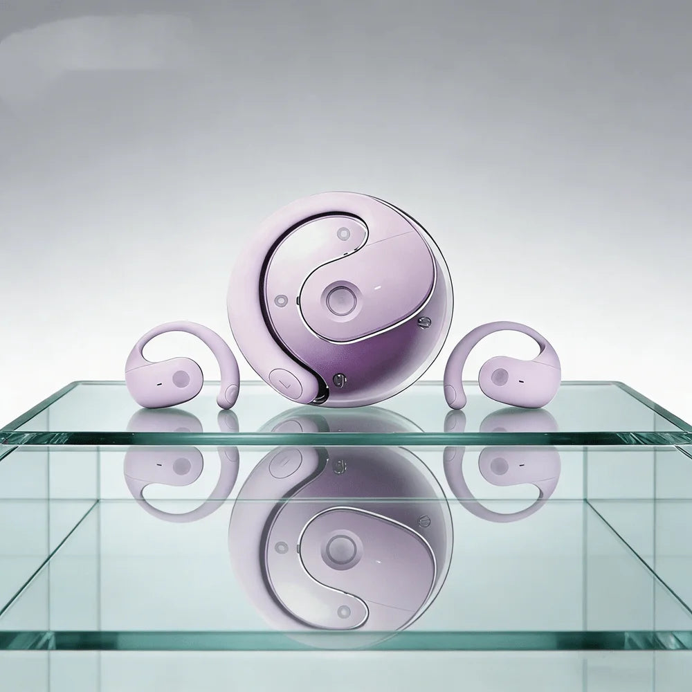 A single wireless Bluetooth earbud in light purple rests on a reflective glass surface.