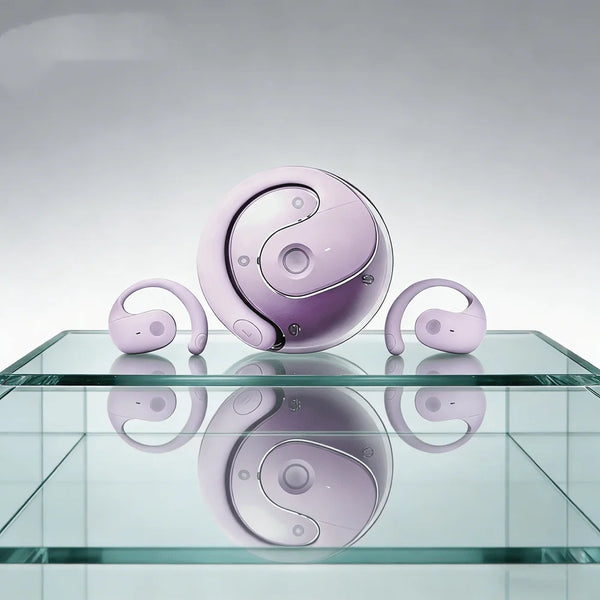 A single wireless Bluetooth earbud in light purple rests on a reflective glass surface.