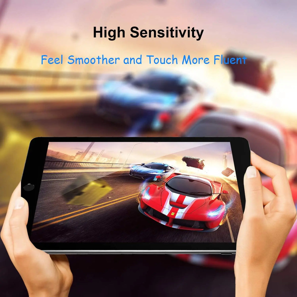 Hands holding an iPad displaying a red sports car, with text promoting high sensitivity and smoother touch.