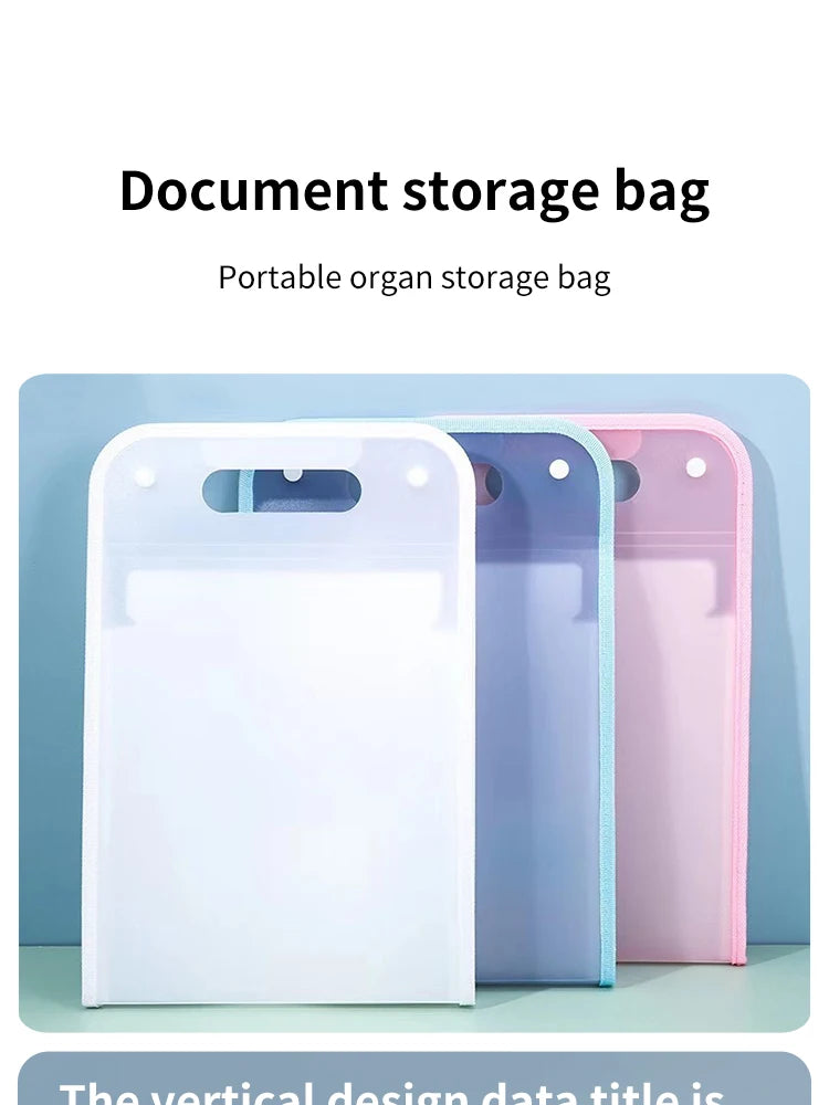 A set of clear and colored portable accordion document storage bags for organizing papers and documents.