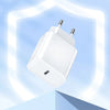A white fast charger device is shown with various safety protection icons displayed around it.