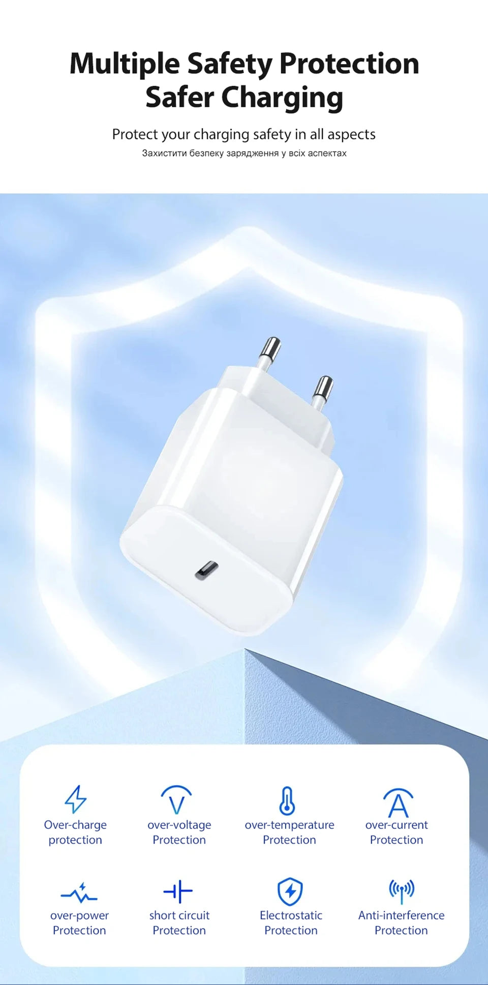 A white fast charger device is shown with various safety protection icons displayed around it.