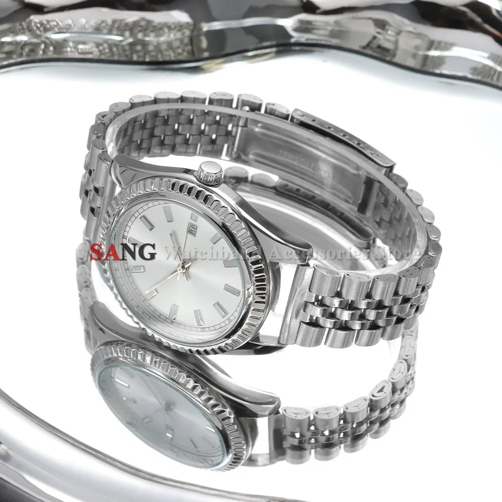 A polished stainless steel watch featuring a metal bracelet and folding clasp, shown on a white background.