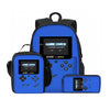 Blaues und schwarzes 3-in-1 Spielset mit Tragetasche und Handheld-Konsole.