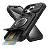 A black magnetic ring kickstand phone case shown with a credit card inside.
