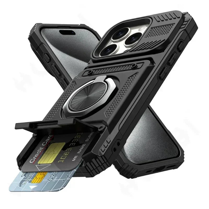 A black magnetic ring kickstand phone case shown with a credit card inside.