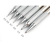 A row of precision mechanical pencils showing various diameters labeled from 0.3 to 2.0 mm.