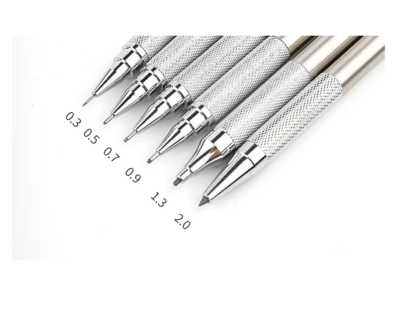 A row of precision mechanical pencils showing various diameters labeled from 0.3 to 2.0 mm.